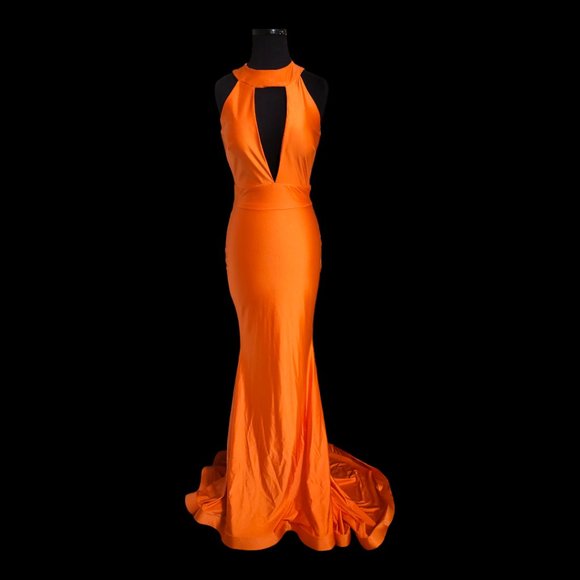 Jessica Angel Bright Orange Halter Satin Stretch Jersey Dress - Picture 5 of 10